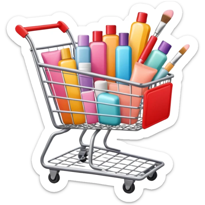 shopping cart full of brand-labeled beauty products sticker