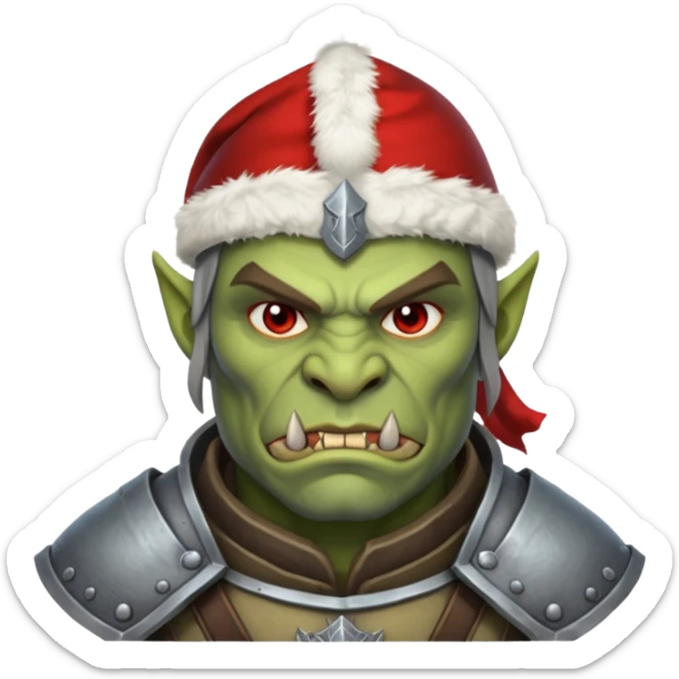 Fantasy Christmas orc legion soldier icon, iron tundra army theme, heavy winter armor, disciplined brutal look, cold steel color palette, emoji portrait, male/female variant
 sticker