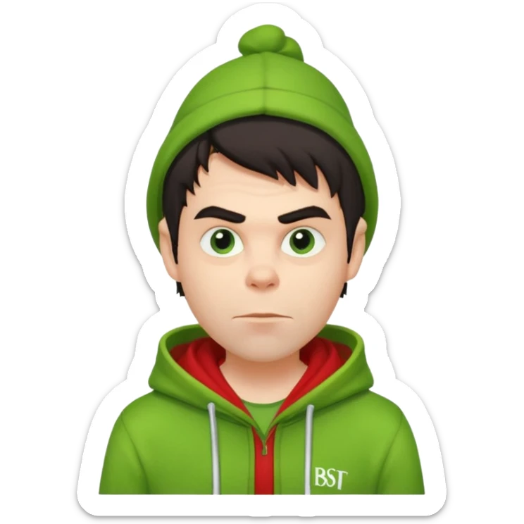 Create an avatar of white Europeanwith dark hair  male in hoodie with ``BST`` letters on it. Make background to look like from movie Grinch sticker