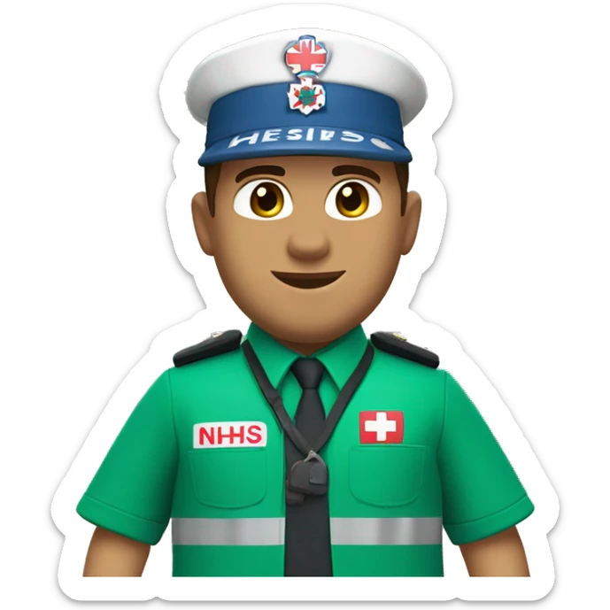 Male paramedic, uk ambulances service green uniform with NHS logo and ambulance crown crest on pockets, brown hair, light tanned skin sticker