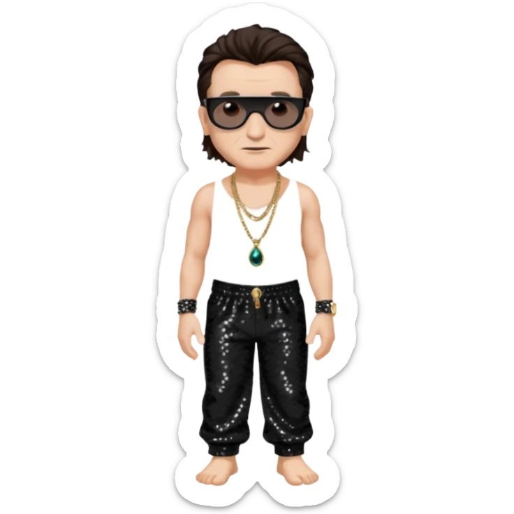 Bono with dark brown hair, black sequin baggy pants, shirtless with necklace, light skin sticker