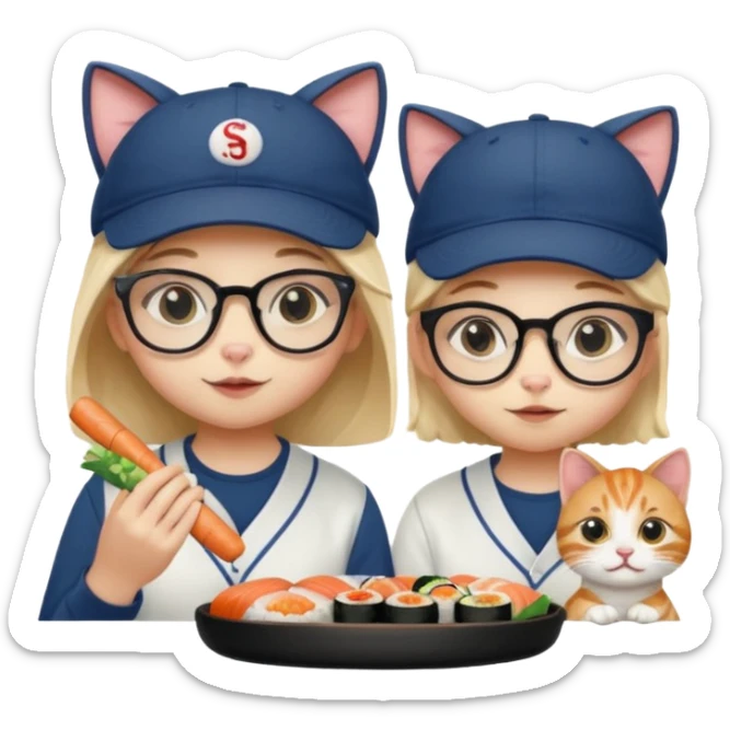 cute girl cat wearing glasses and a cute boy cat wearing a baseball cap eating sushi together sticker