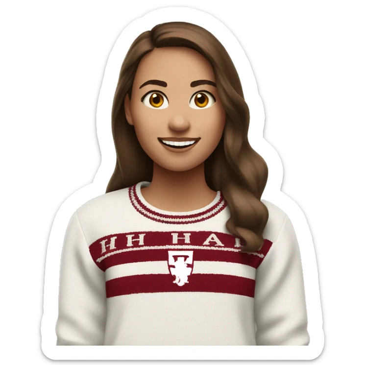 Girl with brown hair and white skin wearing a crimson and white sweater with the black crimson and white Harvard University logo on it  sticker