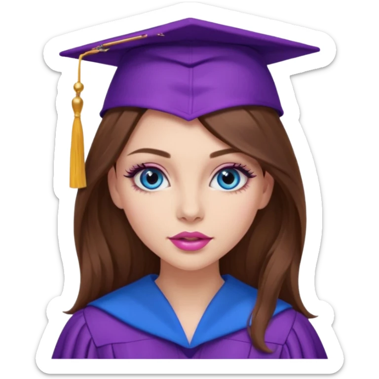 stunning girl with gorgeous long brown hair, blue eyes, long lashes makeup, sexy pink lips, wearing a purple graduation cap and gown sticker