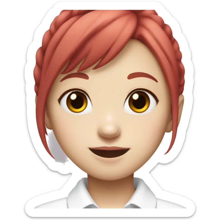 Pale Korean girl with red hair and bangs smiling with pink lips and white collared short sleeve shirt sticker
