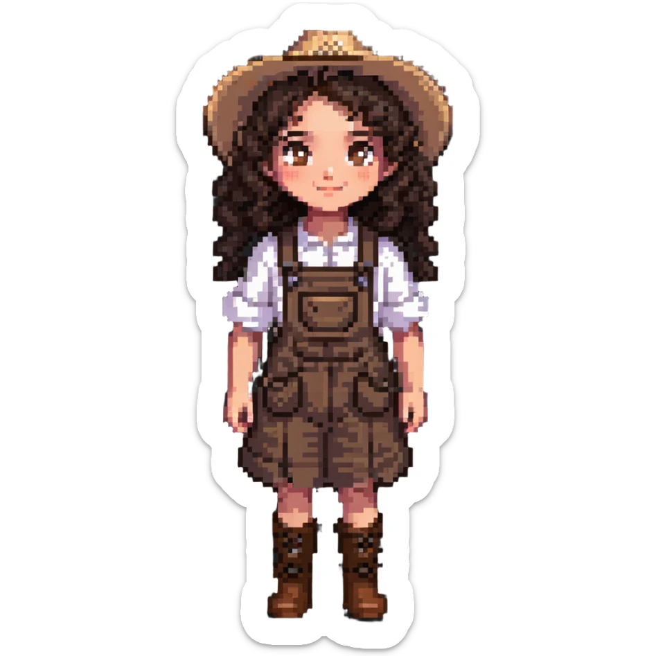 white girl with dark brown curly hair, brown eyes, wearing farm clothes sticker