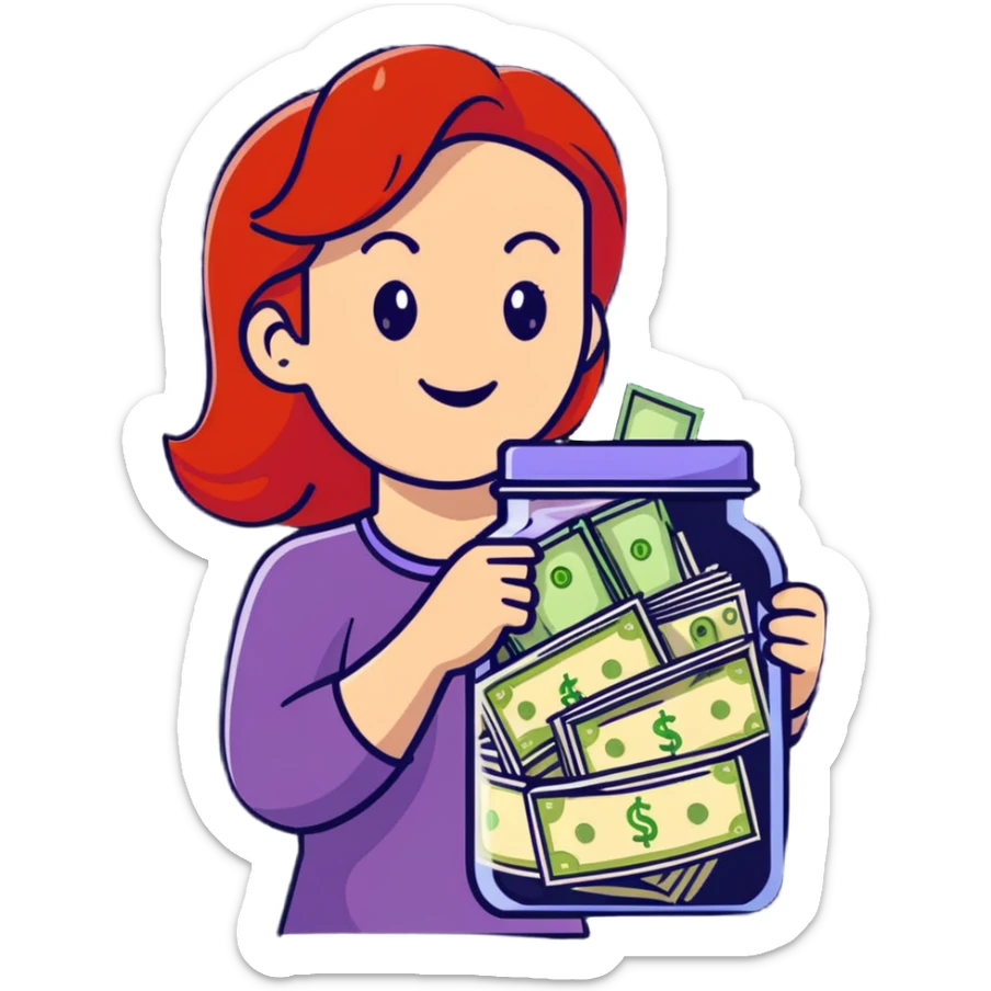 redhead woman with big smile holding glass jar with money bills inside sticker