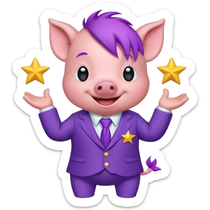 Sticker, a small cute funny purple piglet with purple hair, wearing a purple suit decorated with stars, ((cheerful, laugh)), surrounded by white outline, on transparent background sticker