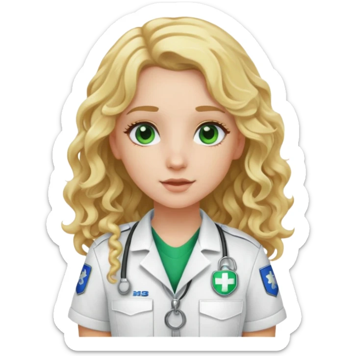 EMT girl with long curly blonde hair with white uniform green patch  sticker