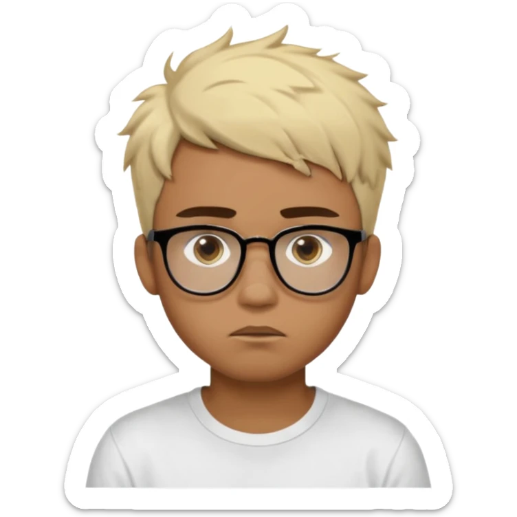 Teenager. Short buzz, messy blonde hair. Dark brown bushy eyebrows large expressive golden-brown eyes, brown skin color, scar over nose, wearing a plain white t-shirt. wearing clear thick black glasses. 20 year old male. thinking facial expression. brown skin color.  sticker