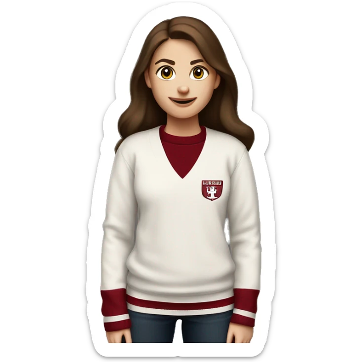 Girl with brown hair and white skin wearing a crimson and white sweater with the black crimson and white Harvard University logo on it  sticker