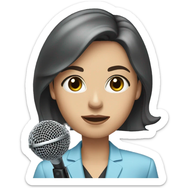 A woman with dark brown hair and light blue eyes wearing a suit and holding a microphone sticker