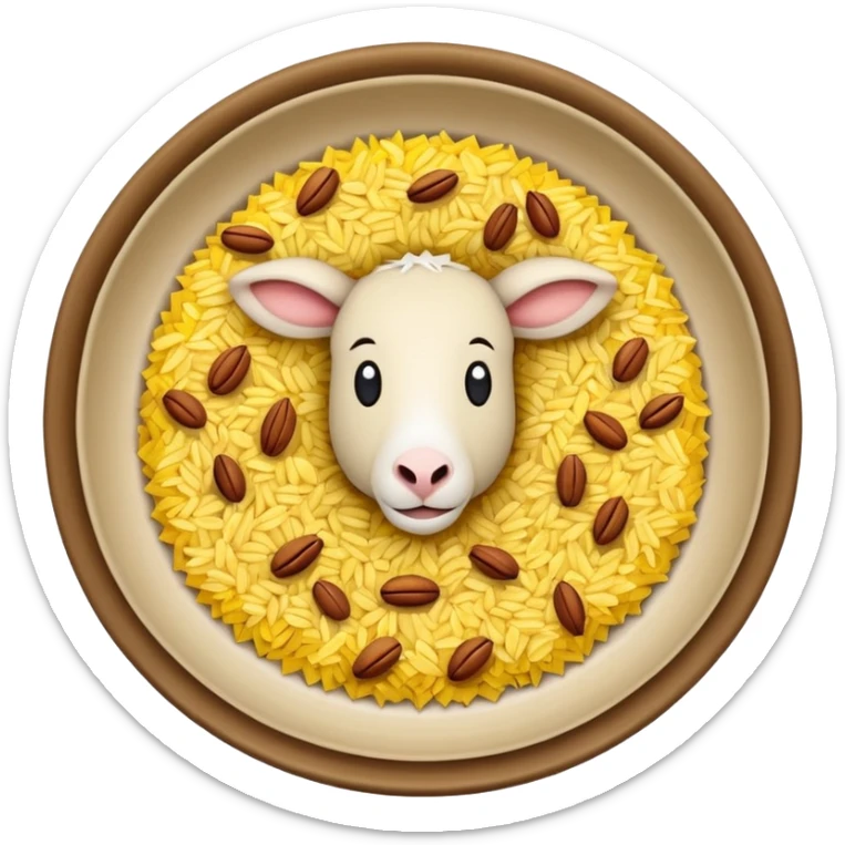 "Emoji of a Jordanian Mansaf dish — round platter with golden rice, lamb pieces, nuts on top, simple cute cartoon style, clean lines, white or transparent background." sticker
