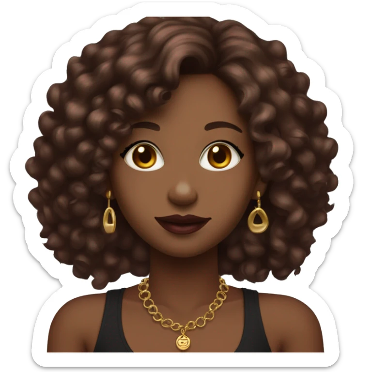 Female with curly cherry chocolate hair, burgundy eyes and medium skin. She wears make-up, a black tank top and gold jewelry sticker