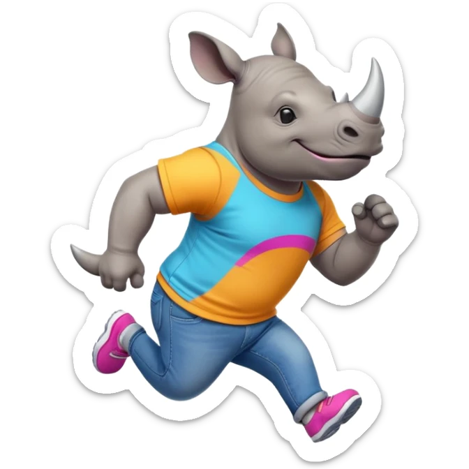 friendly anthropomorphised rhino in jeans and colourful t-shirt, wearing dark sunglasses, jogging upright, jumping with excitement, standard pose sticker