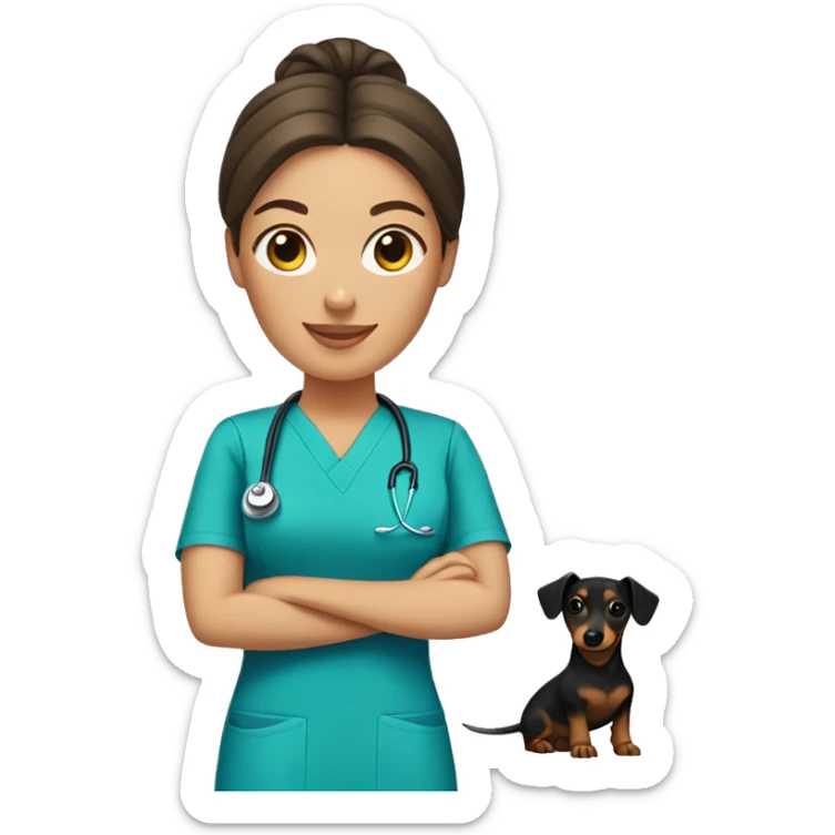 Brunette woman with a top knot wearing scrubs holding a dachshund sticker