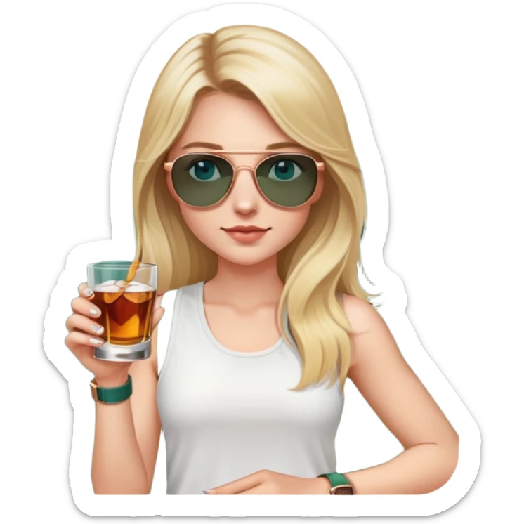 girl with long blond hair
with blue eyes
and aviator sunglasses
wearing white tank top 
holding a glass of whiskey 
wearing rose gold apple watch with forest green band  sticker