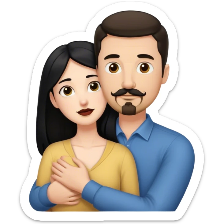 Tall white man with brown mustache and goatee hugging a short pale woman with long black hair sticker