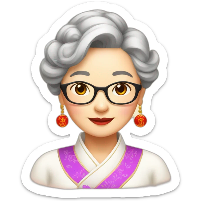 Chinese seniors lady wear Chinese traditional dress wear glasses show appreciation sign sticker