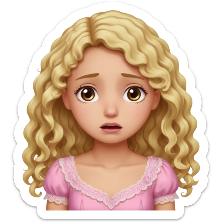 the girl is that criying with tears she has brown eyes and blond long hair curly pink dress  sticker