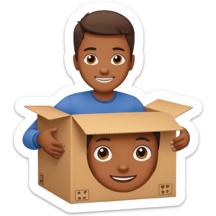 Generate a realistic emoji-style icon of the a person clever packing a package. That he´s clever by packing a box has to be easily noticed. sticker
