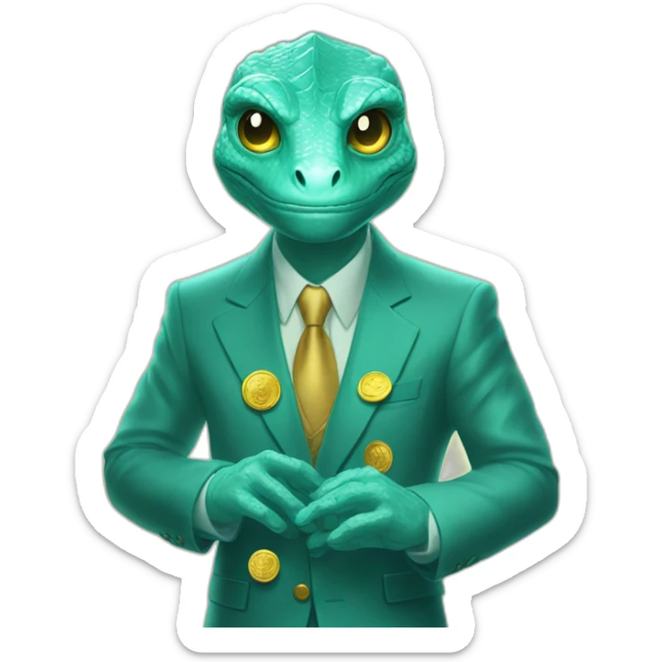 Aquamarine reptilian in classic suite with laser eyes on the golden coin in background sticker