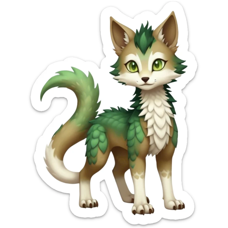 Kawaii dark cute brown beige white fantasy ethereal feline-vernid-sergal-fursona animal creature with a tufted tail full body with intricate markings, hazel-gold-green eyes sticker