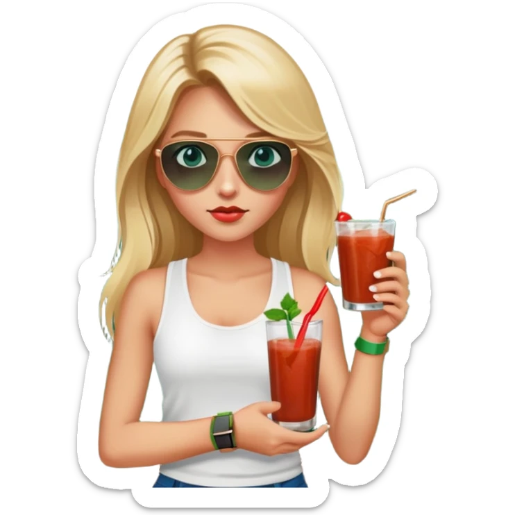 girl with long blond hair
with blue eyes
and aviator sunglasses
wearing white tank top 
holding bloody mary
wearing (rose gold apple watch with forest green band) sticker