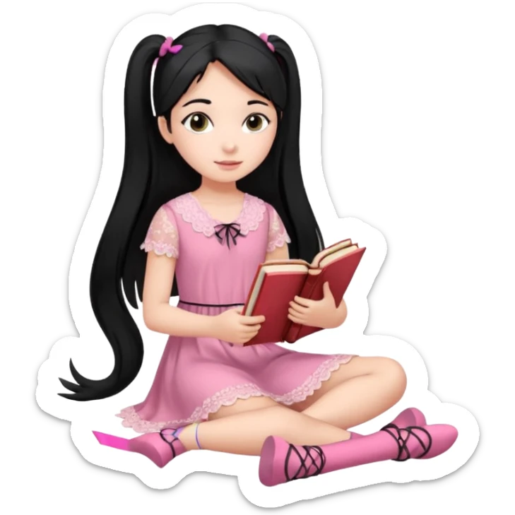 A beautiful girl, wearing a pink lace dress, her long straight black hair is tied in two ponytails, she holds books and crayons in her hands, her feet are bare, sitting on the floor with her legs crossed. sticker
