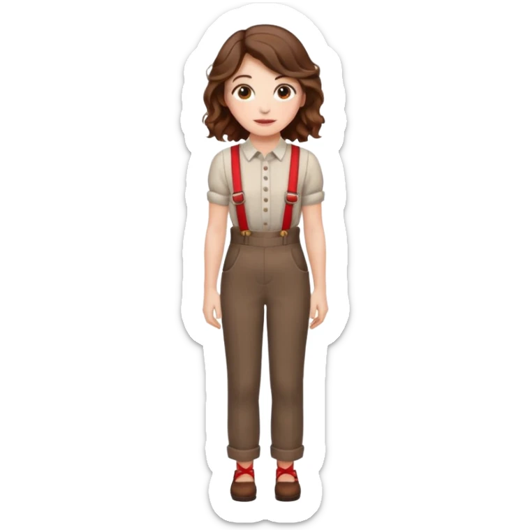 Woman with wavy brown hair and hazel eyes wearing dress pants with red suspenders sticker