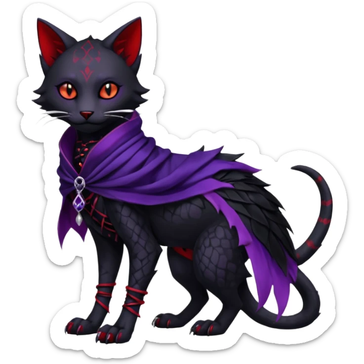 Kawaii feral, four-legged gothic dark badass black, red, purple, beautiful pretty elegant divine edgy feline-vernid-sergal-Trico-fursona-animal-creature, full body, with intricate detailed markings, silken shawl sticker