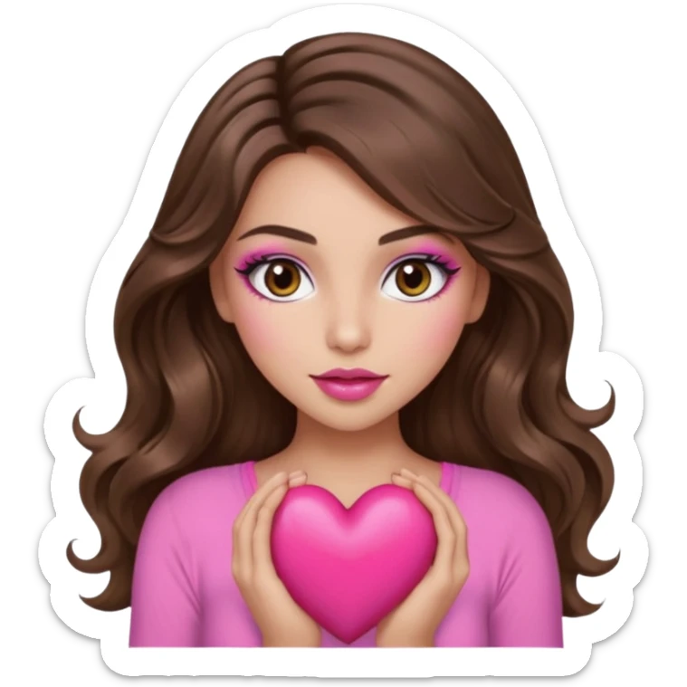 girl with long wavy brown hair, brown eyes, long lashes makeup, sexy pink lips, light to medium complexion, wearing a pink sexy top, holding a big heart sticker