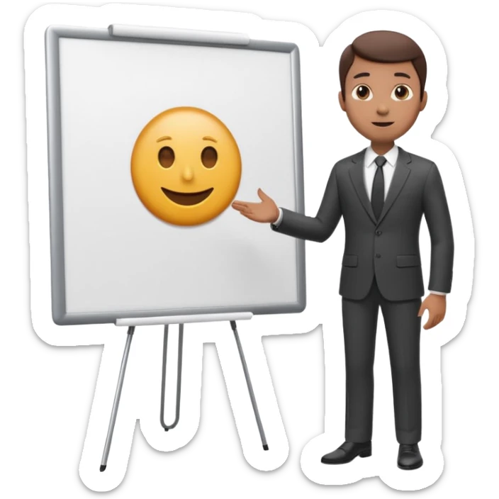 A clean emoji-style illustration of a person giving a presentation, standing next to a large presentation board on a stand, board is white and there is nothing on it, the board is oversized and clearly visible, no podium, no desk, no table, friendly proportions, soft 3D emoji style sticker