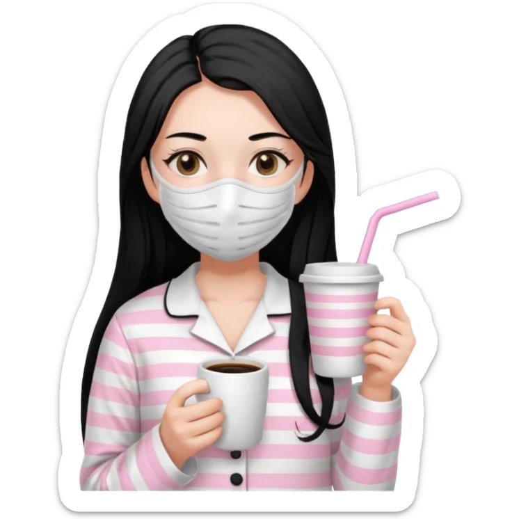 chica de pelo lacio color negro cabellera larga piyama blanca con rayas rosa claras peo no tan claras no oscuras el bordado es negro al igual que los botones )tiene una mascarilla para la carablanca y sostiene y cafe con bolitas nedras al dondo con unsorbete tranparente y es de test blanca  sticker
