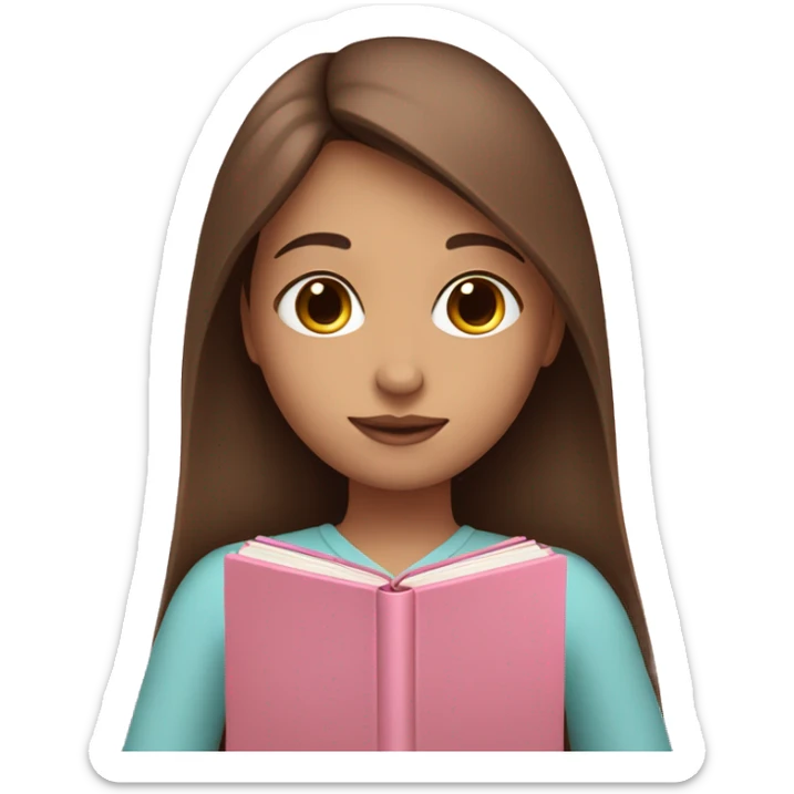 fair-skinned girl with long and straight brown hair holding a baby-pink-colored book sticker