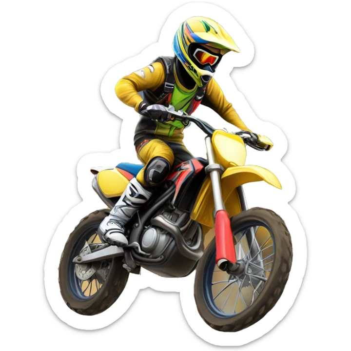 "Create a detailed emoji-style illustration of a motocross bike doing a wheelie with a rider on top. The rider should wear a helmet and protective gear, with vibrant and dynamic colors. sticker