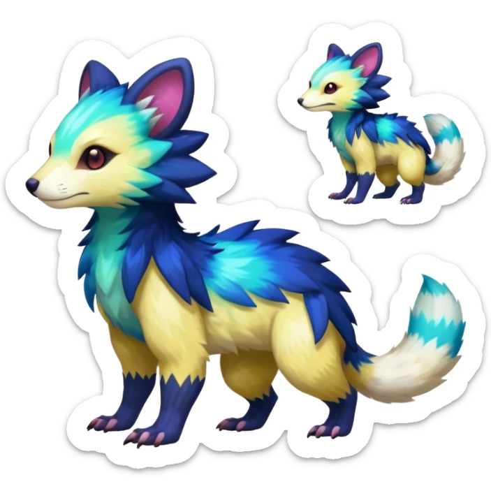 Colorful luminescent glowing Trico-Sergal-Furret-Ferret-Wolverine-Vernid-furry-fursona-fusion-Fakemon-animal-hybrid-creature, full body sticker