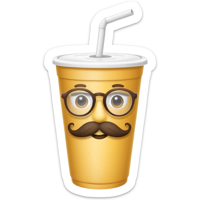paper cup and white straw, the cup has eyes and mouth and glassess and mustache sticker