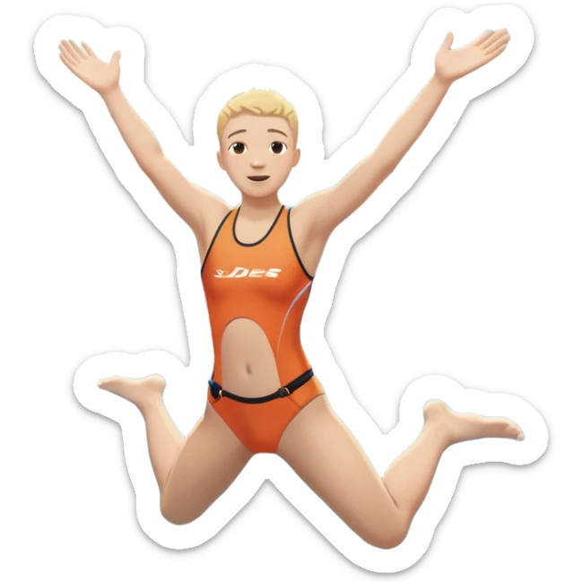 A young, inexperienced person stands at the edge of a pool named “Confidence,” mid-jump, arms open wide. Below, skilled divers are already in motion—but this person dives in with bold energy, unshaken by their lack of experience. The water sparkles,  sticker