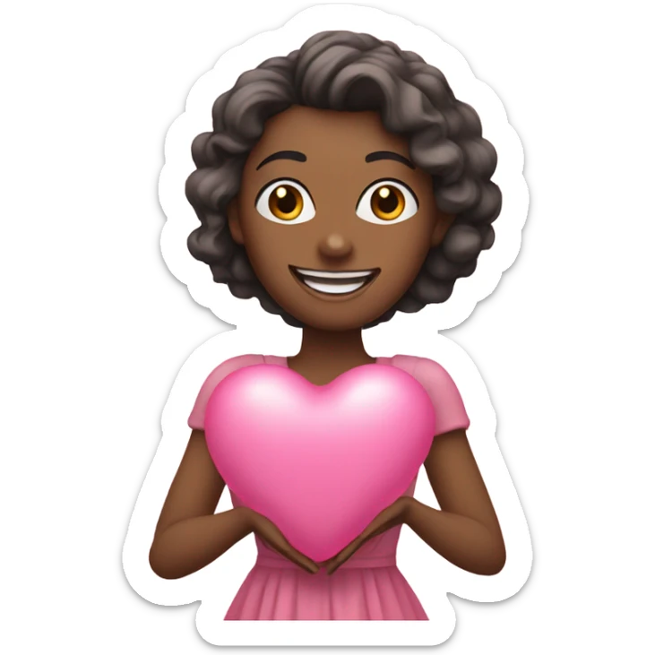 a woman smiling wearing pink dress holding a heart shaped balloon sticker