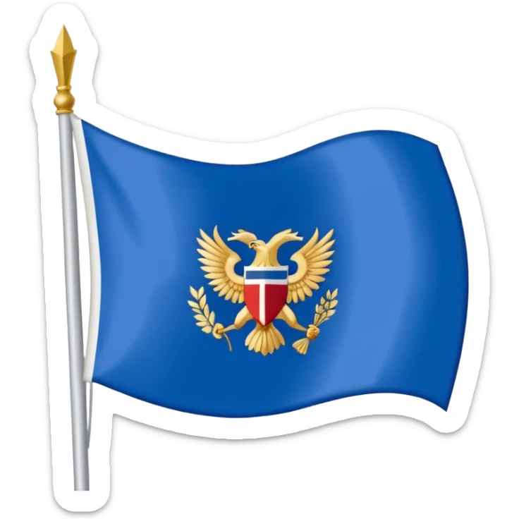 Hazme la bandera blanca con una franja azul de punta izquierda arriba a punta derecha abajo con un escudo en medio de la bandera de colores dorados sticker