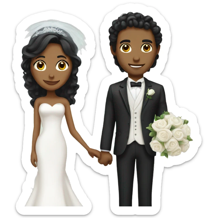 Bride with long black hair and groom with curly hair sticker