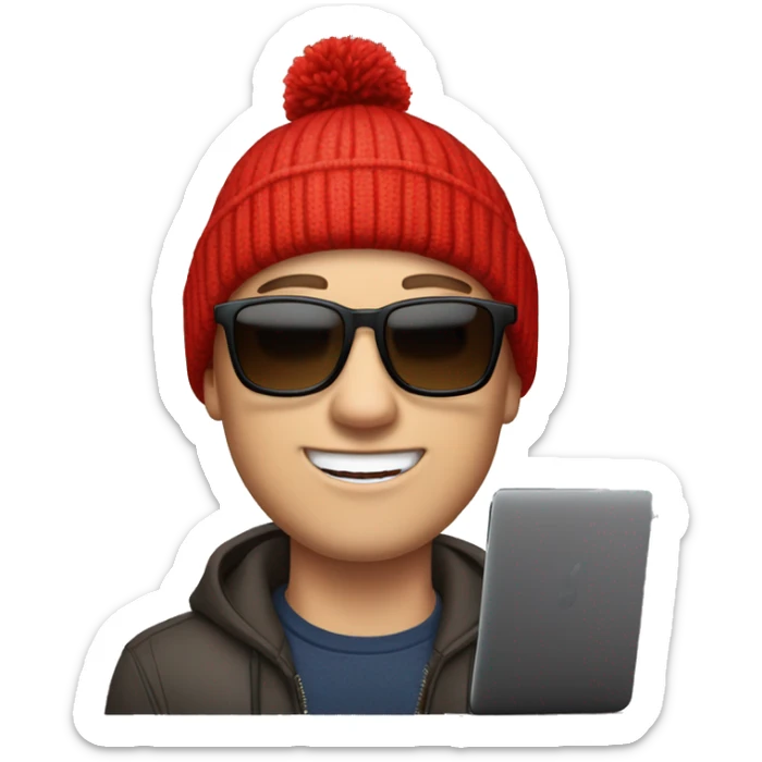 white man with short brown hair in his 20s with sunglasses and a red beanie with a pom-pom, has AirPods in and is on a Mac laptop sticker