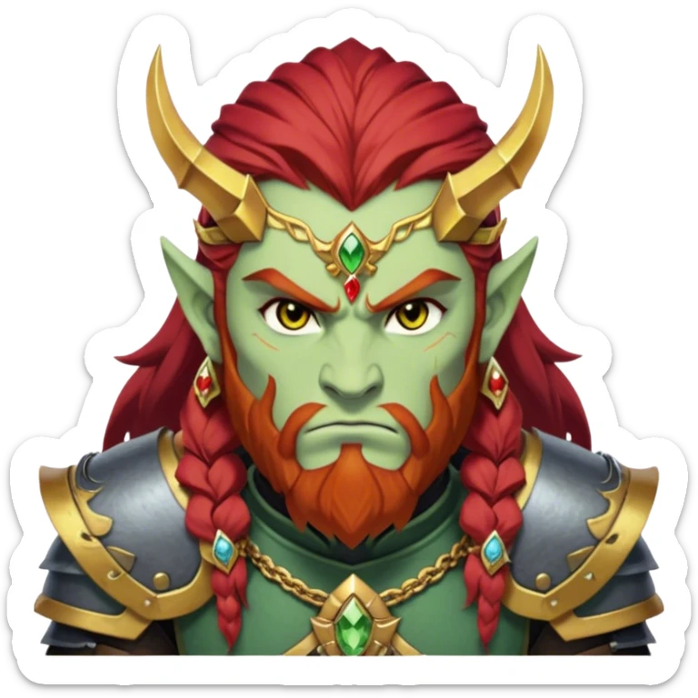 Ganondorf, Legend of Zelda, pale green skin, golden irises, black pupils, long layered red hair, short thick red beard, no mustache, thick red eyebrows connecting to hair, scowling, angry, stoic, dark armor, demon armor, large ornate forehead jewelry, topaz jewel on forehead sticker