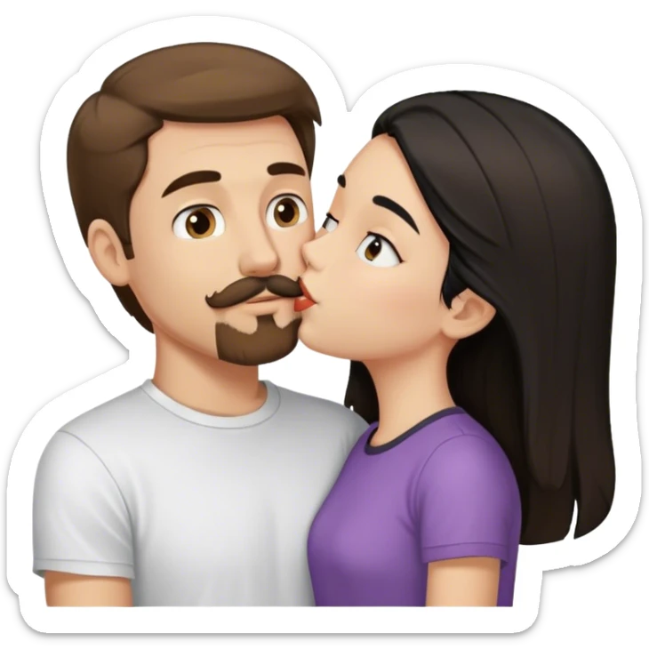 tall white guy with brown hair goatee mustache wearing t-shirt kissing a short white girl with long black hair sticker