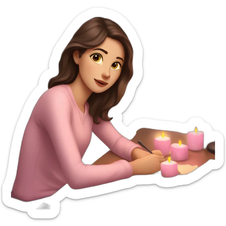 white girl with dark brown hair lights pink candles and studies at her desk sticker