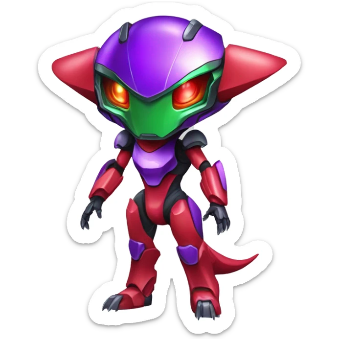 a shiny purple-green-red Genesect-Raptor-Fakémon—hybrid with a futuristic visor-helmet full body sticker