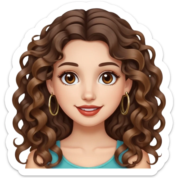 cute girl with not volominous VERY LONG curly/wavy brunette hair with balayage, brown eyes, full lips, cute makeup and hoop earrings white girl: happy face sticker