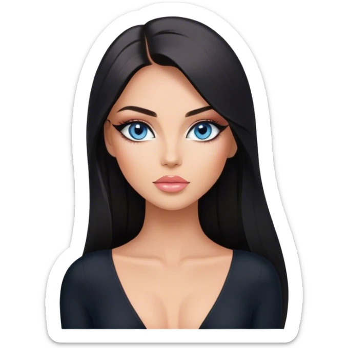 Glamours, tanned, beautiful, girl, with blue eyes, big pump peach-beige-rose lips, eyeliner, long lashes, black straight smooth silky long hair, parting hair in the middle,  in black v-neck bodysuit sticker