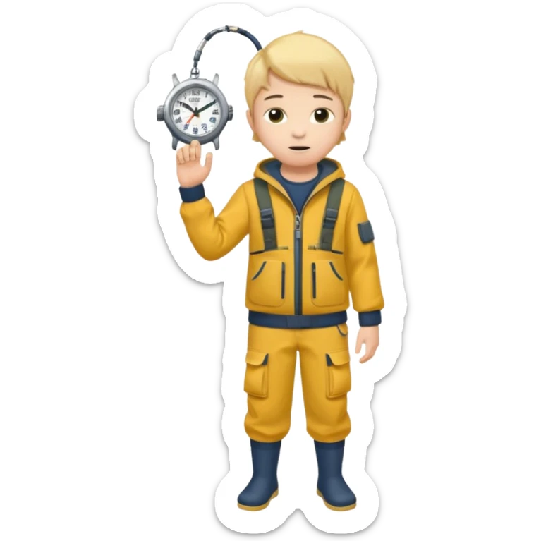 Boy in fishing suit looking at his wristwatch, full body sticker
